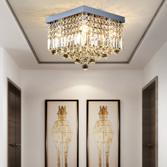 Contemporary Flush Light with Faceted Crystal and 2/4 Heads - Rectangle Corridor Ceiling Mounted Light in Black/White