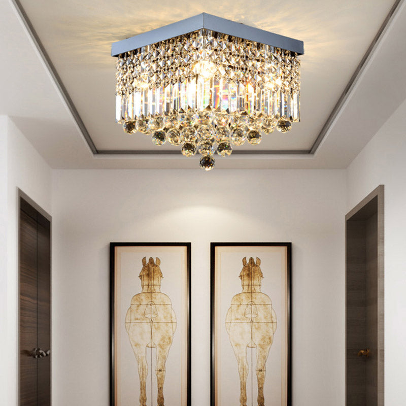 Contemporary Flush Light With Faceted Crystal And 2/4 Heads - Rectangle Corridor Ceiling Mounted In