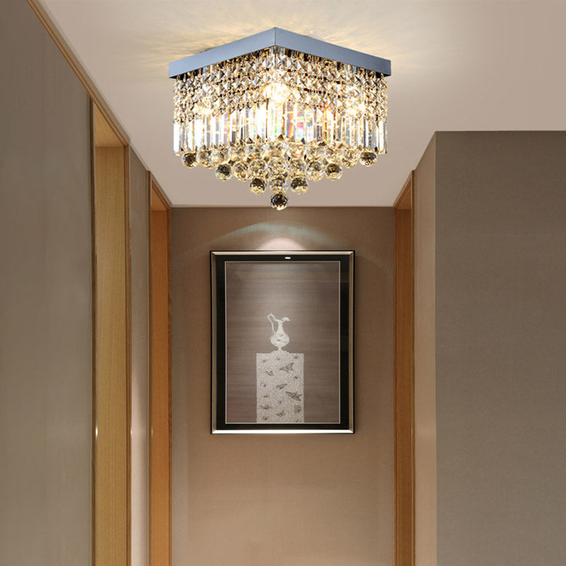 Contemporary Flush Light with Faceted Crystal and 2/4 Heads - Rectangle Corridor Ceiling Mounted Light in Black/White