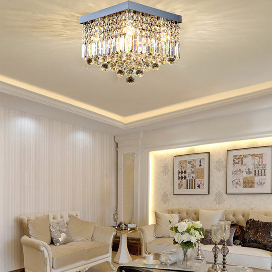 Contemporary Flush Light With Faceted Crystal And 2/4 Heads - Rectangle Corridor Ceiling Mounted In