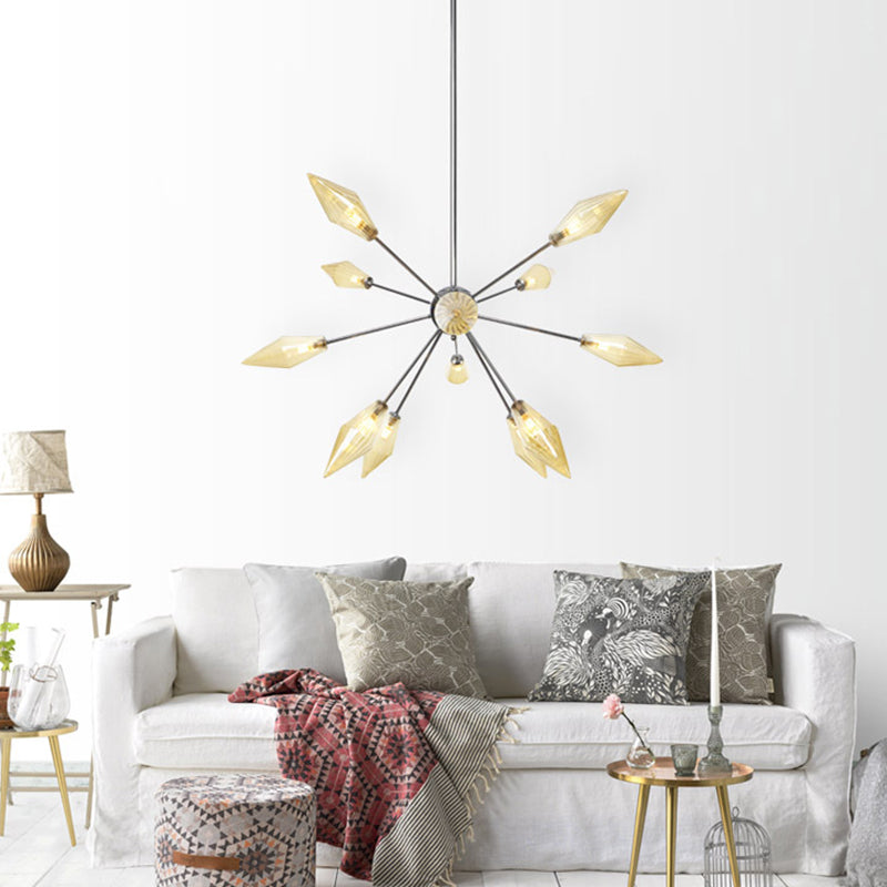 Industrial Amber/Clear Pendant Chandelier with Diamond Glass Shade - 9/12/15 Lights - Living Room Hanging Lamp