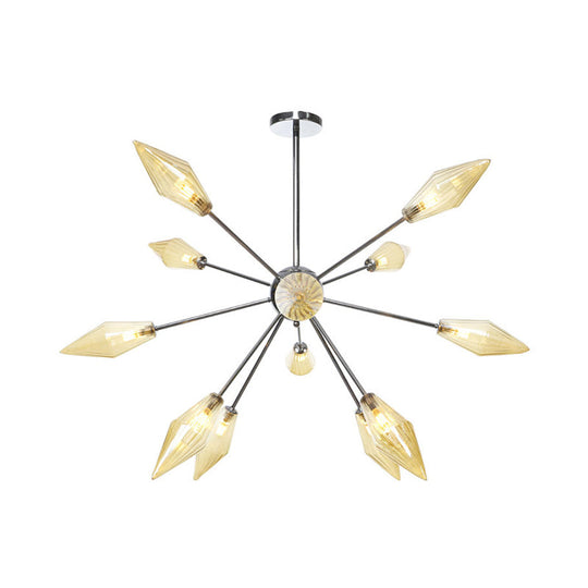 Industrial Amber/Clear Pendant Chandelier Lamp With Diamond Glass Shade - 9/12/15-Light For Living