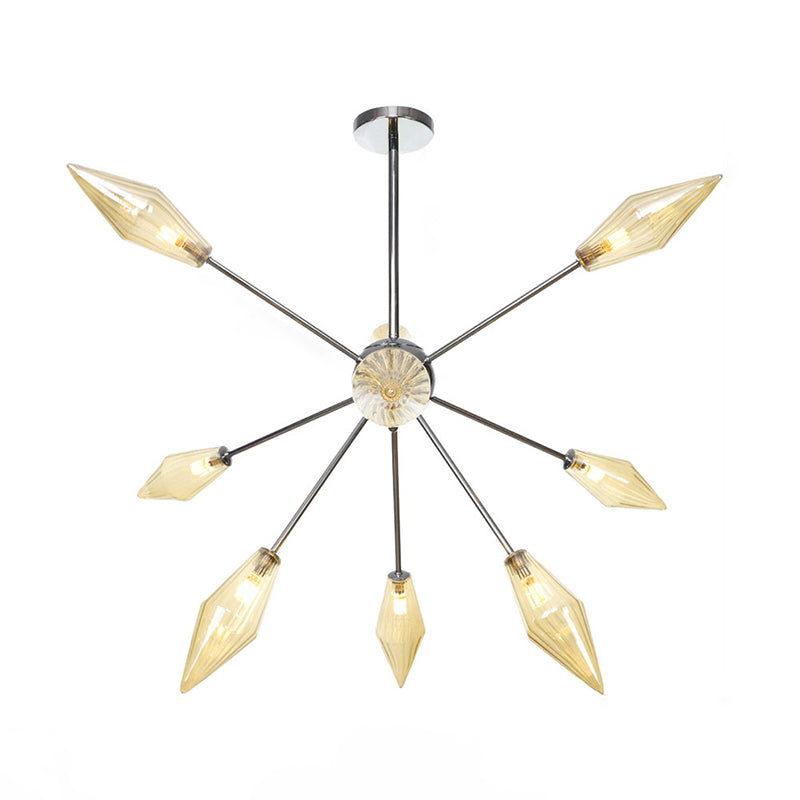 Industrial Amber/Clear Pendant Chandelier Lamp With Diamond Glass Shade - 9/12/15-Light For Living