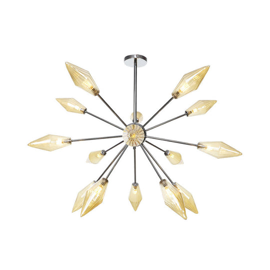 Industrial Amber/Clear Pendant Chandelier Lamp With Diamond Glass Shade - 9/12/15-Light For Living