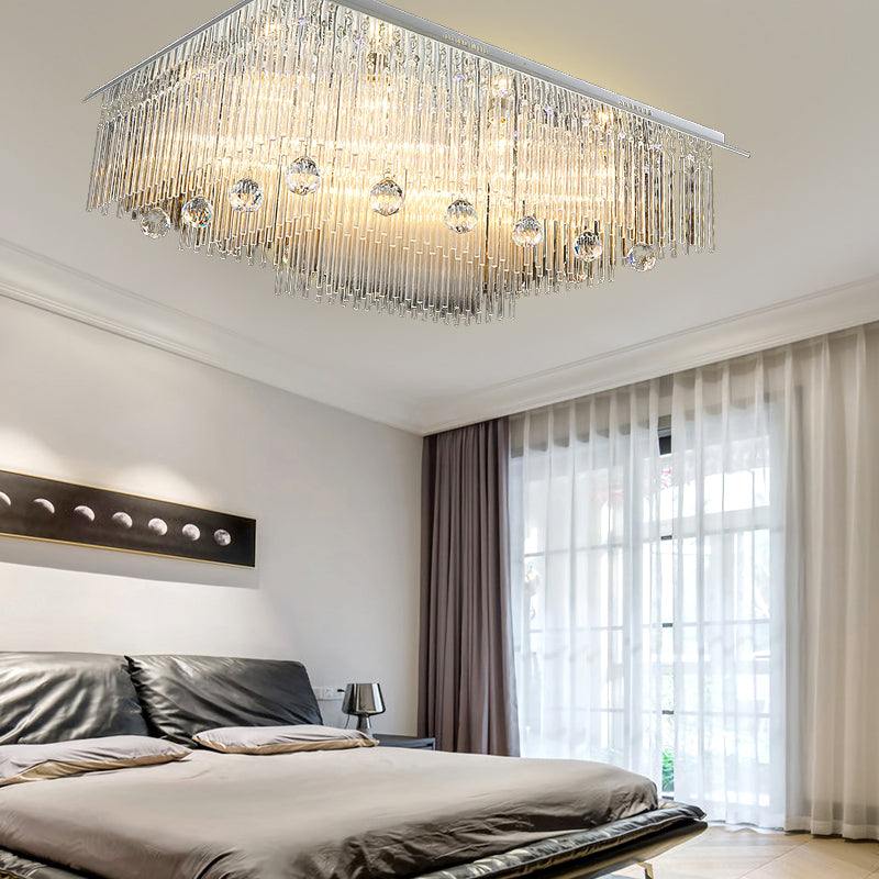 Modern Crystal Rod Rectangle Ceiling Light with 16 Heads – Ideal for Bedroom Flush Mount