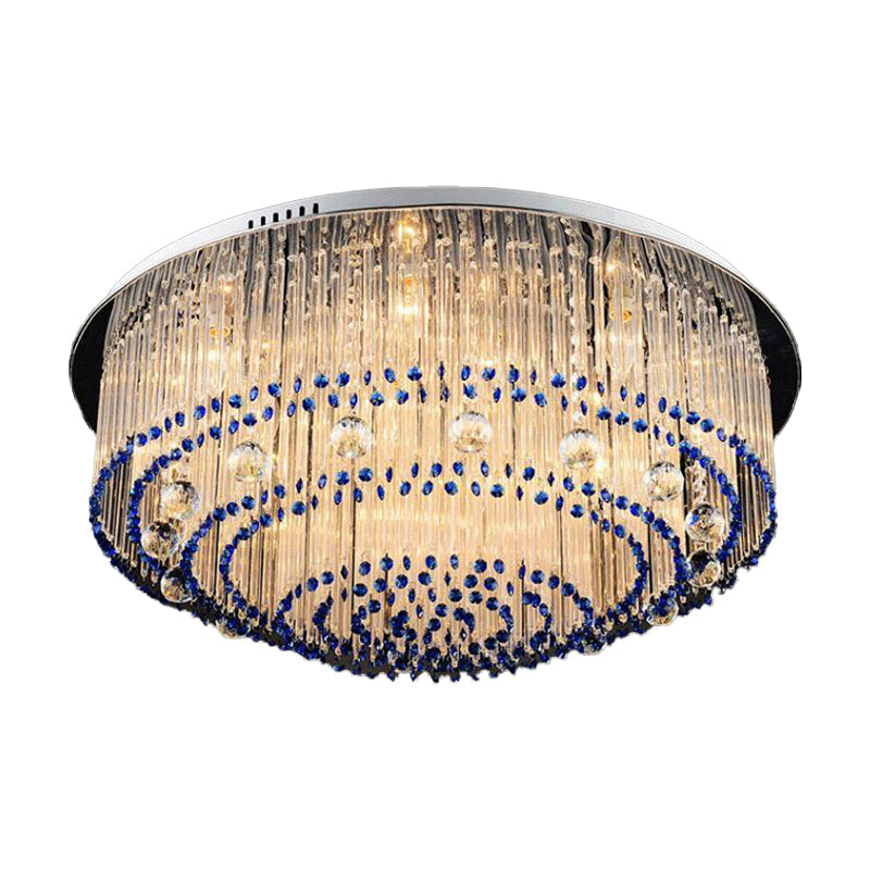 Contemporary Crystal Rod Flush Mount Lamp with 6/9/14 Lights and Nickel Finish