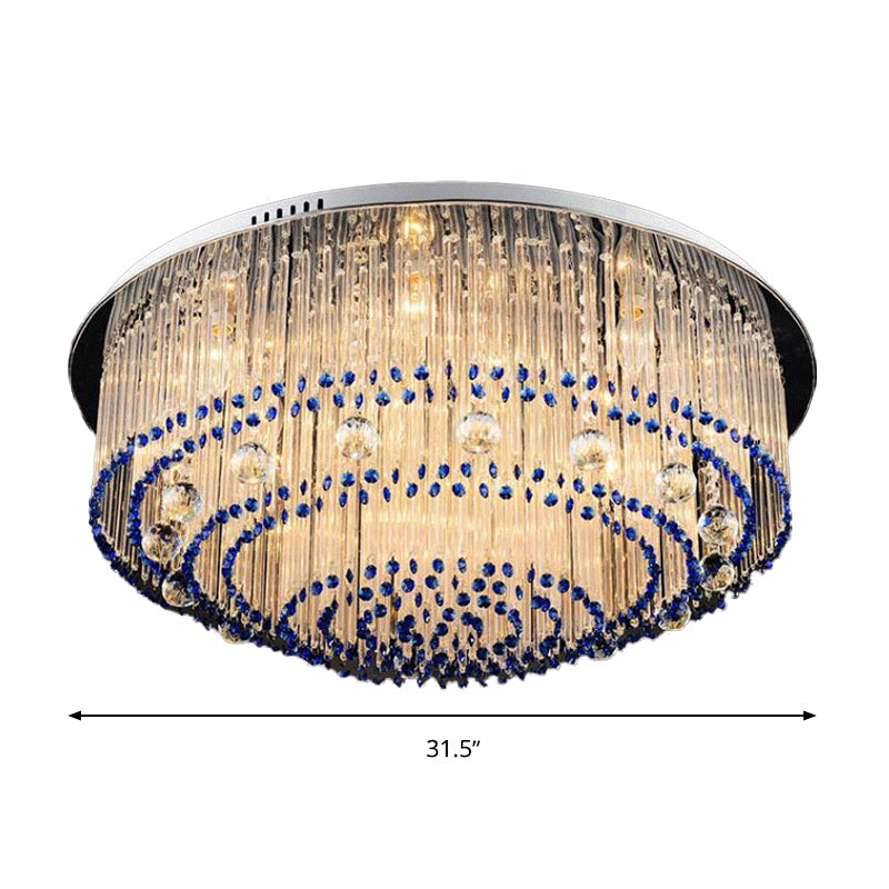 Contemporary Crystal Rod Flush Mount Lamp with 6/9/14 Lights and Nickel Finish