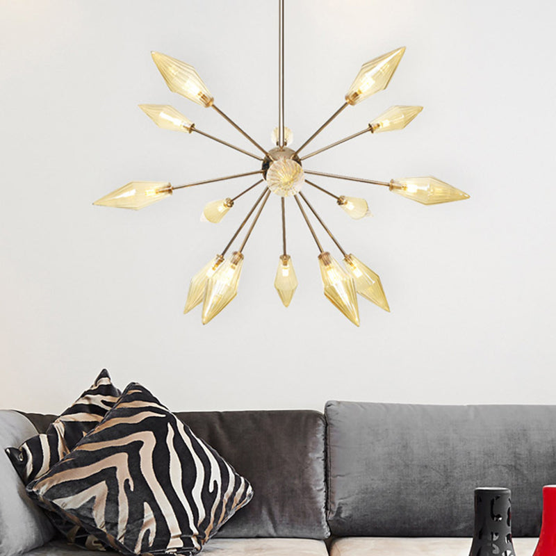 Industrial Stylish Diamond Shape Chandelier Light - 9/12/15-Head Indoor Hanging Fixture with Amber/Clear Glass