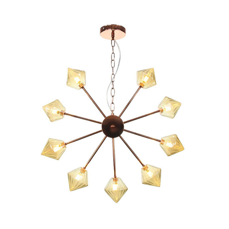 Industrial Amber/Clear Glass Diamond Shade Chandelier Lamp with Multiple Heads in Black/Brass/Copper for Living Room