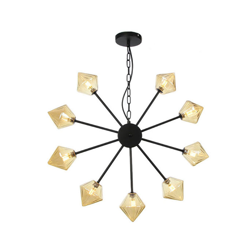 Diamond Shade Hanging Industrial Chandelier Lamp With Amber/Clear Glass - 6/9/12 Heads