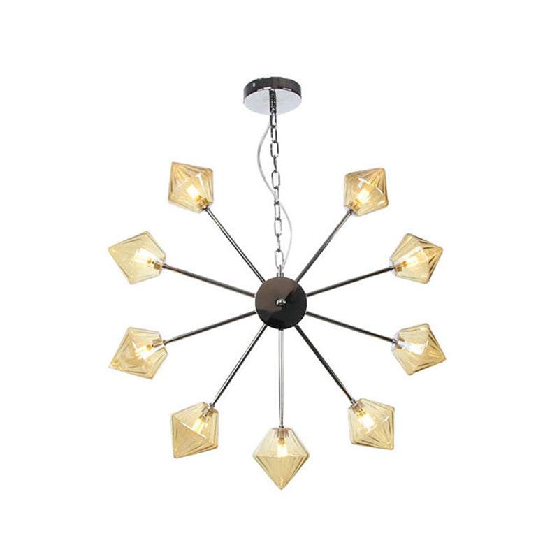 Diamond Shade Hanging Industrial Chandelier Lamp With Amber/Clear Glass - 6/9/12 Heads