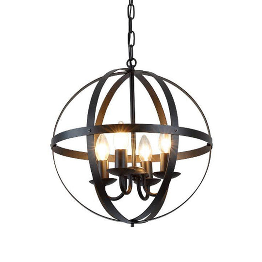 Vintage Black Globe Metal Chandelier - 4 Bulb Pendant Lighting for Dining Room Ceiling