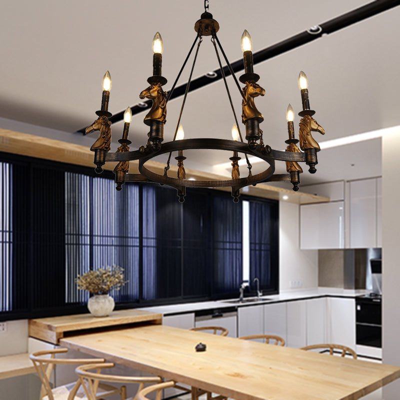 Brass Industrial Wagon Wheel Chandelier With 8 Lights - Pendant Lighting For Dining Room