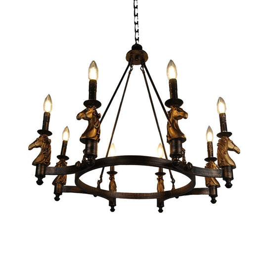 Brass Industrial Wagon Wheel Chandelier With 8 Lights - Pendant Lighting For Dining Room