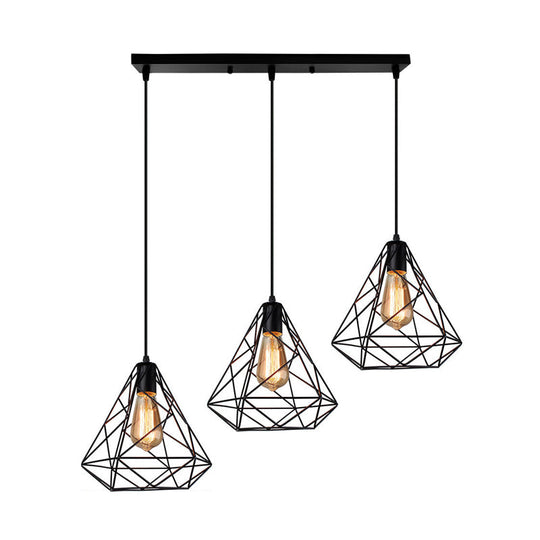 Vintage Metal Black Diamond Chandelier - 3-Light Pendant Lighting For Dining Room With Round/Linear