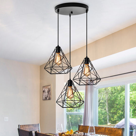 Vintage Metal Black Diamond Chandelier - 3-Light Pendant Lighting For Dining Room With Round/Linear