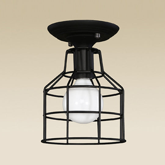 Industrial Metal Cage Flush Mount Ceiling Light in Black - Perfect for Living Rooms