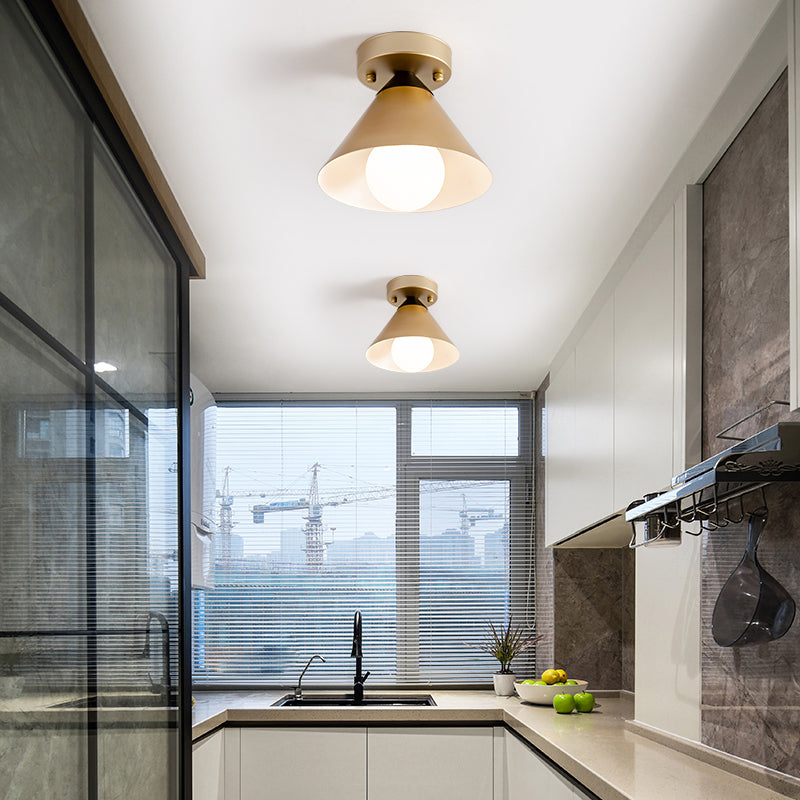 Antique Gold Flush Light with Cone Metal Shade for Corridors