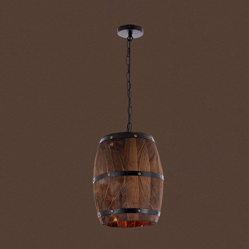 Rustic Barrel Pendant Lamp - 10"/12" Wide Wood Hanging Light in Brown