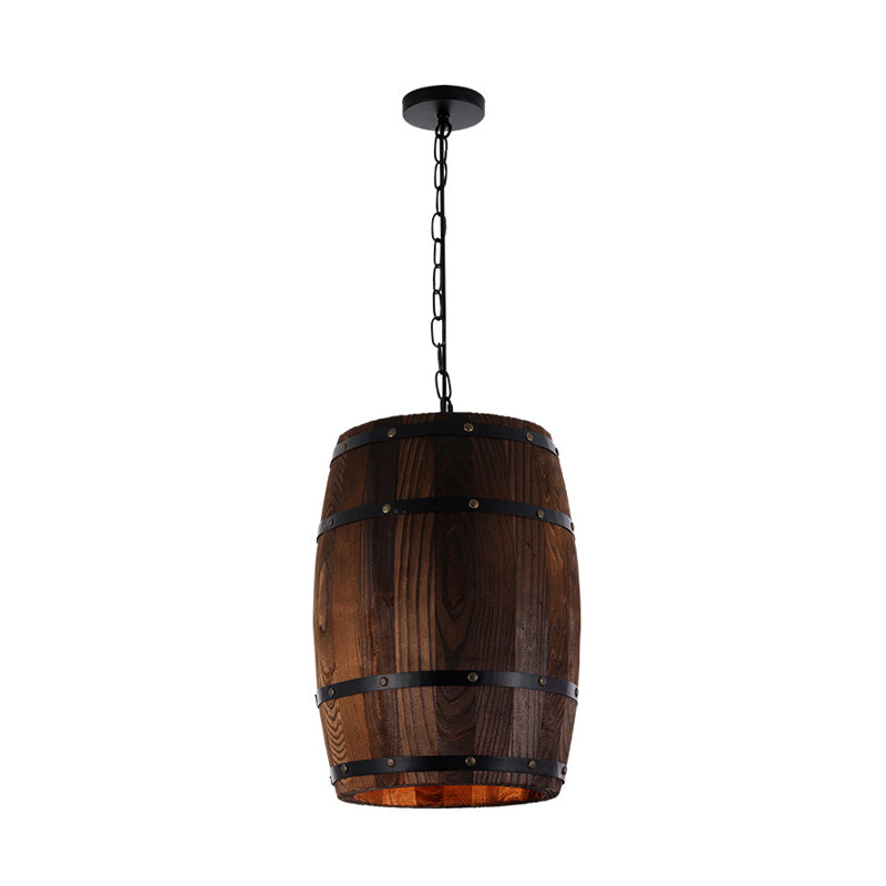 Rustic Barrel Pendant Lamp - 10"/12" Wide Wood Hanging Light in Brown