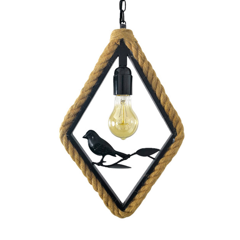 Black Rope Pendant Light With Bird Deco For Living Room - Round/Rhombus/Square Design / Rhombus