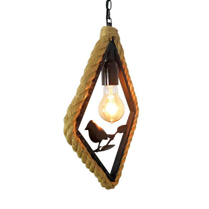 Black Rope Pendant Light With Bird Deco For Living Room - Round/Rhombus/Square Design