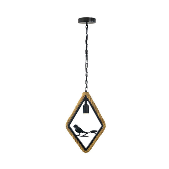 Black Rope Pendant Light With Bird Deco For Living Room - Round/Rhombus/Square Design