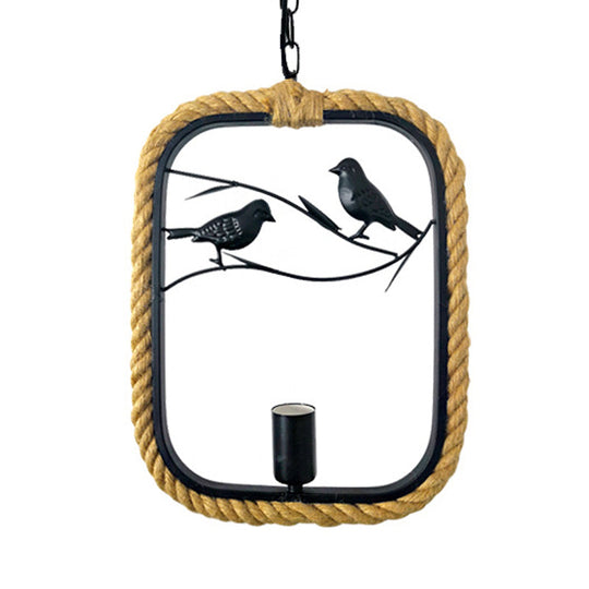 Black Rope Pendant Light With Bird Deco For Living Room - Round/Rhombus/Square Design / Square Plate