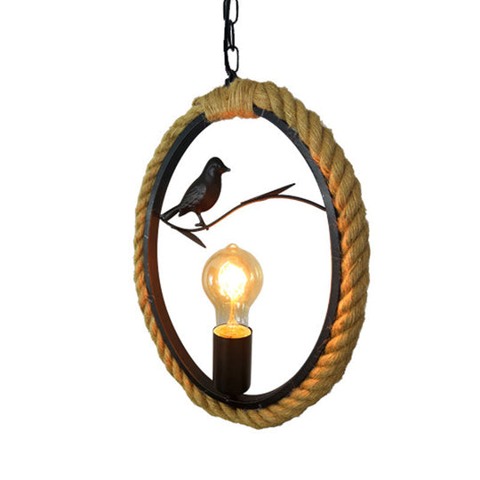 Black Rope Pendant Light With Bird Deco For Living Room - Round/Rhombus/Square Design / Round