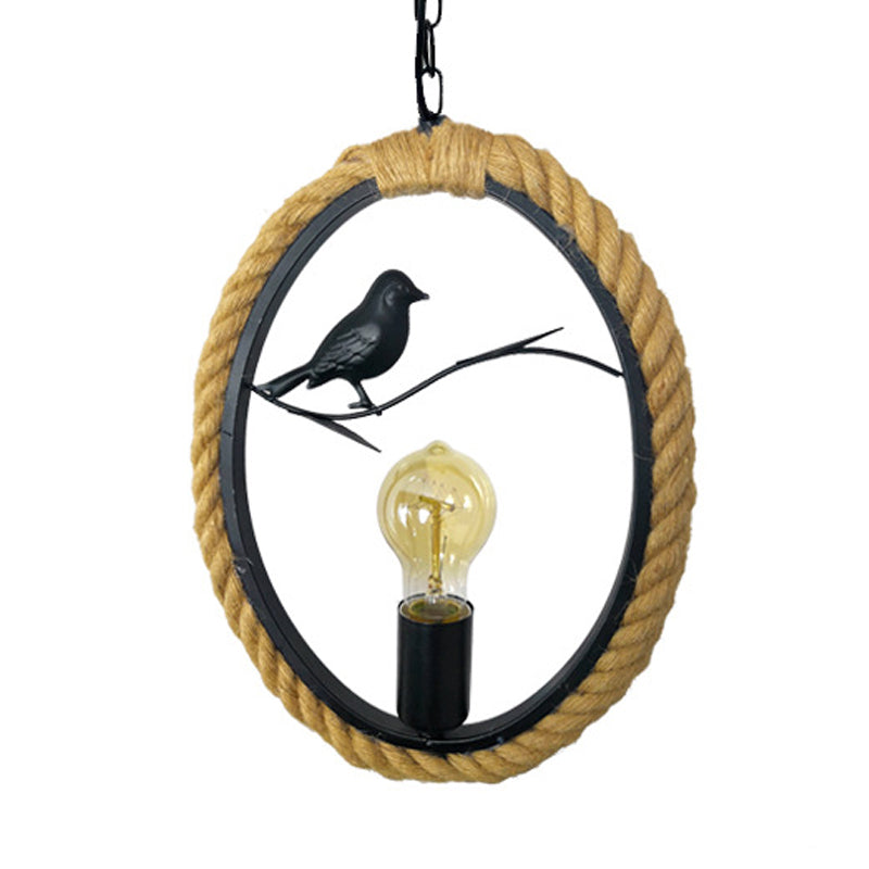 Black Rope Pendant Light With Bird Deco For Living Room - Round/Rhombus/Square Design