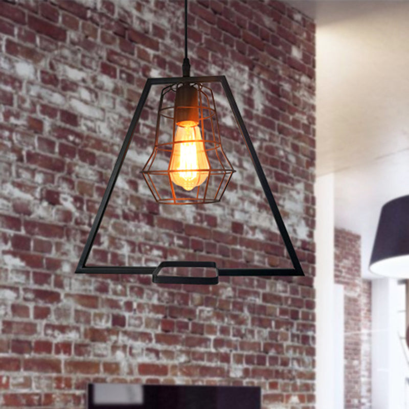 Trapezoid Vintage Metal Pendant Light For Living Room Black Cage Ceiling Fixture