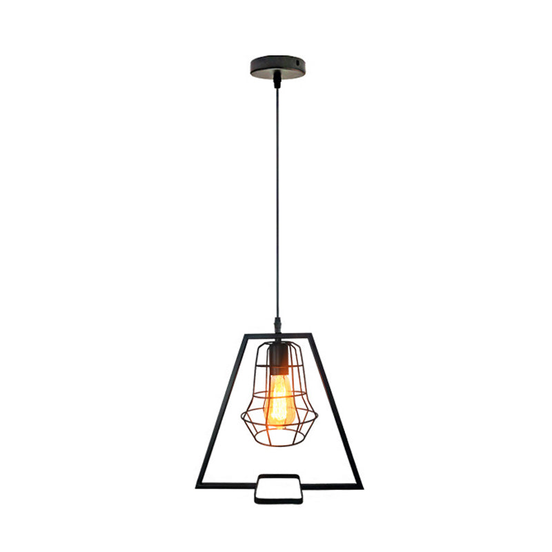 Trapezoid Vintage Metal Pendant Light For Living Room Black Cage Ceiling Fixture