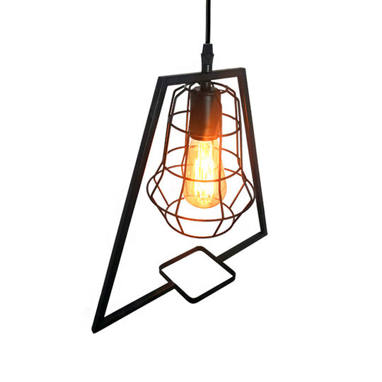 Vintage Metal Trapezoid Pendant Light with Cage for Living Room Ceiling Fixture