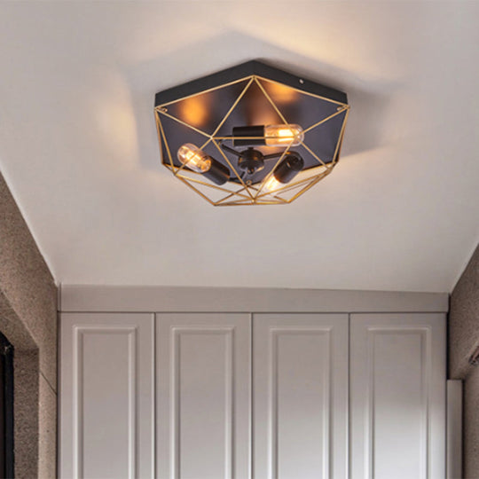 Geometric Metal Flush Ceiling Light with 3 Industrial Black Mounts