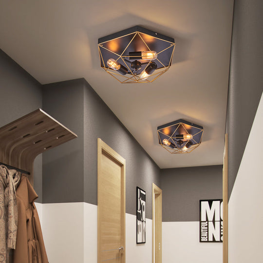 Geometric Metal Flush Ceiling Light with 3 Industrial Black Mounts