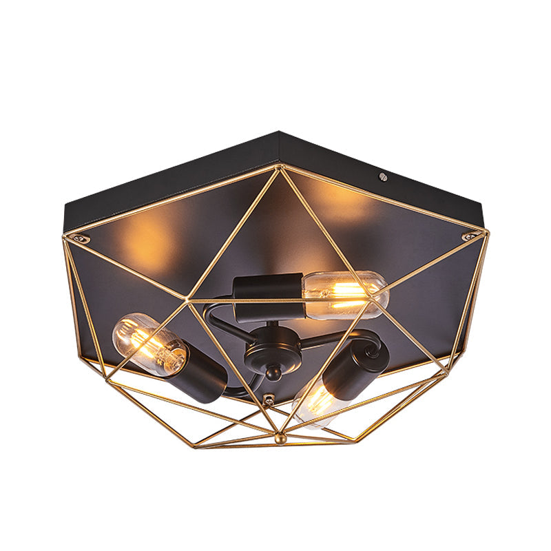 Geometric Metal Flush Ceiling Light with 3 Industrial Black Mounts