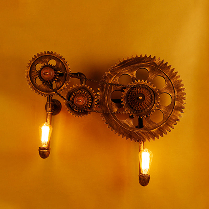 Antique Bronze 2-Light Industrial Gear Sconce Metal Wall Lamp