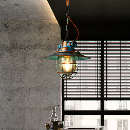 Industrial Metal Pendant Lamp - White/Blue With Wide Flare Cage Design Blue