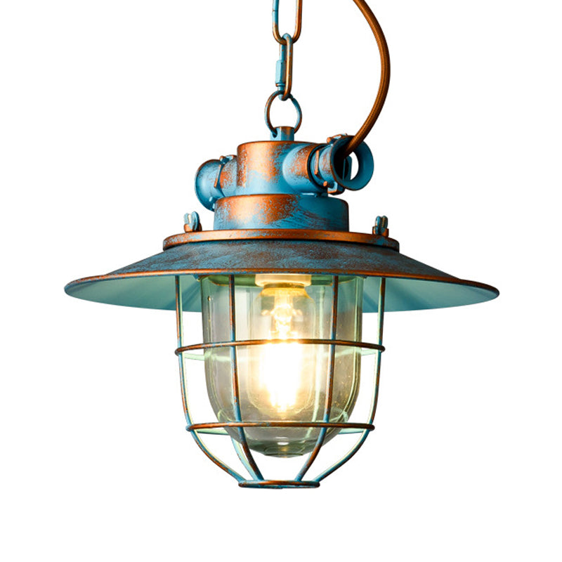 Industrial Metal Pendant Lamp with Wide Flare and Cage in White/Blue