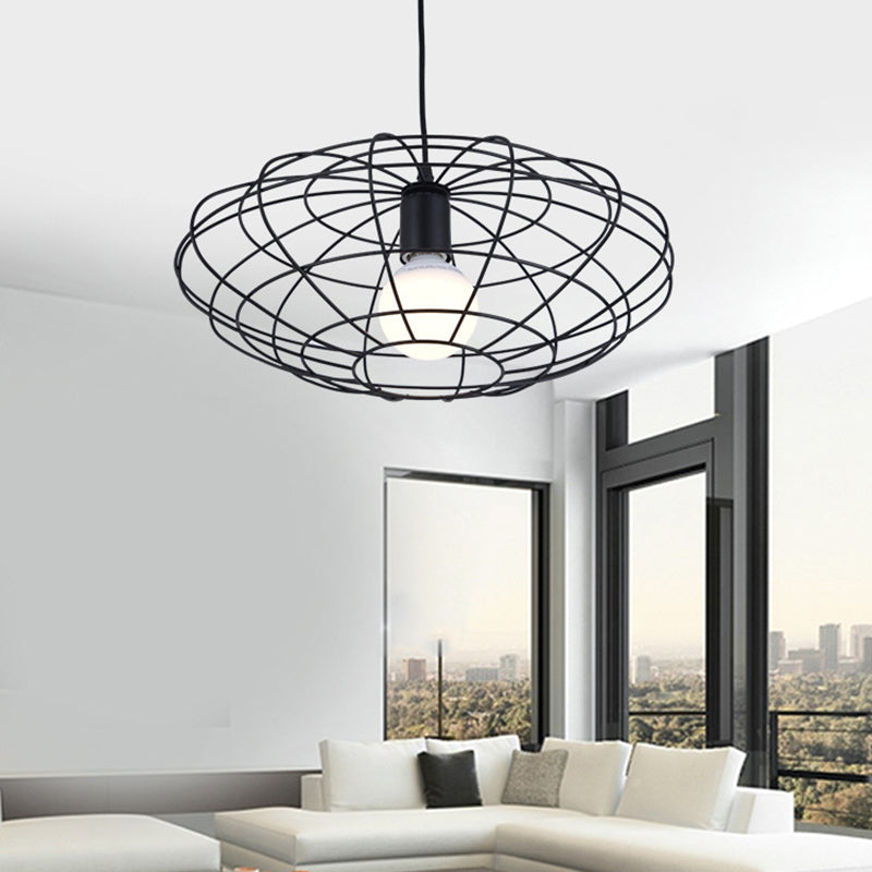 Vintage Black Oval Cage Pendant Light - Metal 1-Light Ceiling Fixture For Living Room