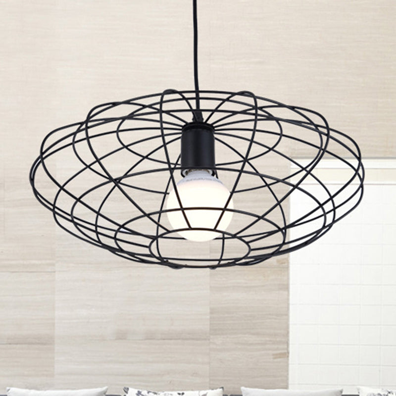 Vintage Black Oval Cage Pendant Light - Metal 1-Light Ceiling Fixture For Living Room