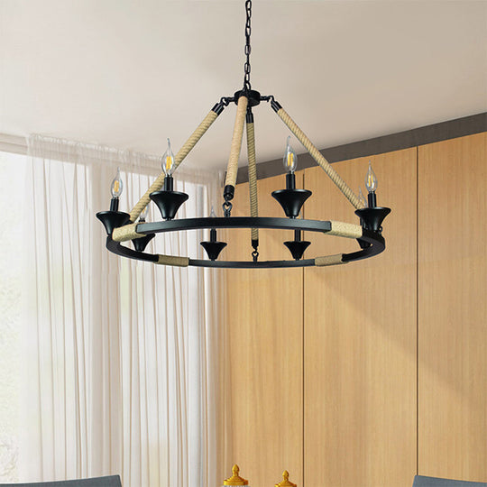 Farmhouse Candle Chandelier - 8 Light Metal Ceiling Fixture For Living Room In Black