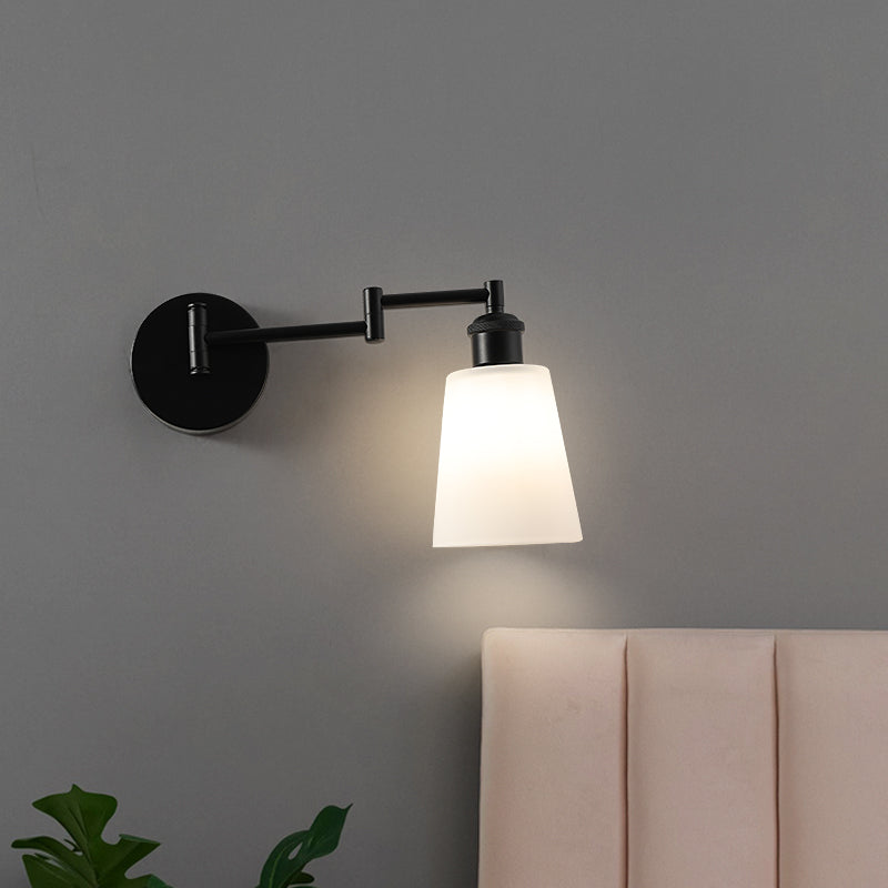 Industrial Conical Milky Glass Sconce: 1-Light Black Wall Lighting For Living Room