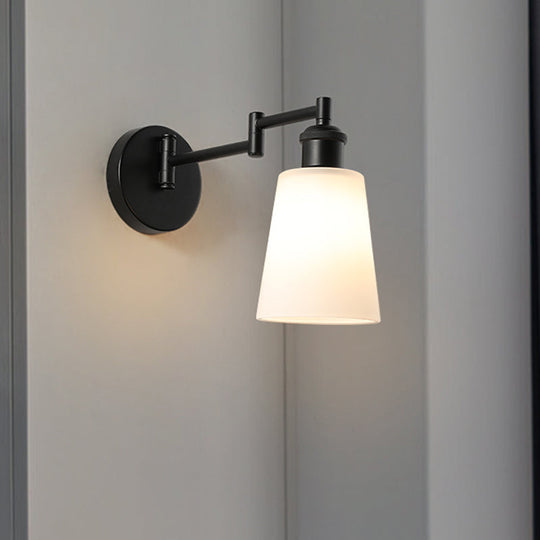 Industrial Conical Milky Glass Sconce: 1-Light Black Wall Lighting For Living Room