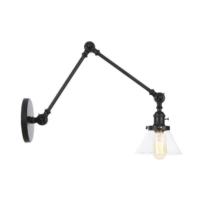 Industrial Conical Clear/Amber Glass Wall Lamp Sconce - Adjustable Arm Black/Bronze/Brass 1 Light 8