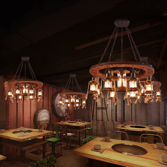 Rustic Brown Metal Pendant Light Fixture With Wood Ring Deco - 9-Light Chandelier For Restaurants