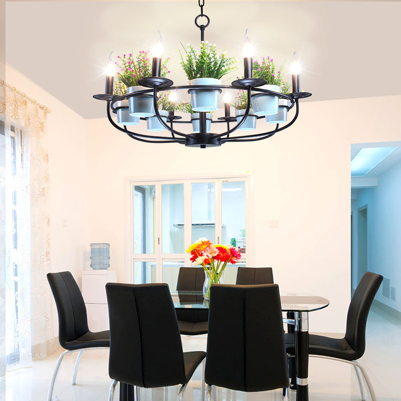 Vintage Metal Black Chandelier with Flowerpot Deco - 6/8 Light Candle Hanging Ceiling Fixture