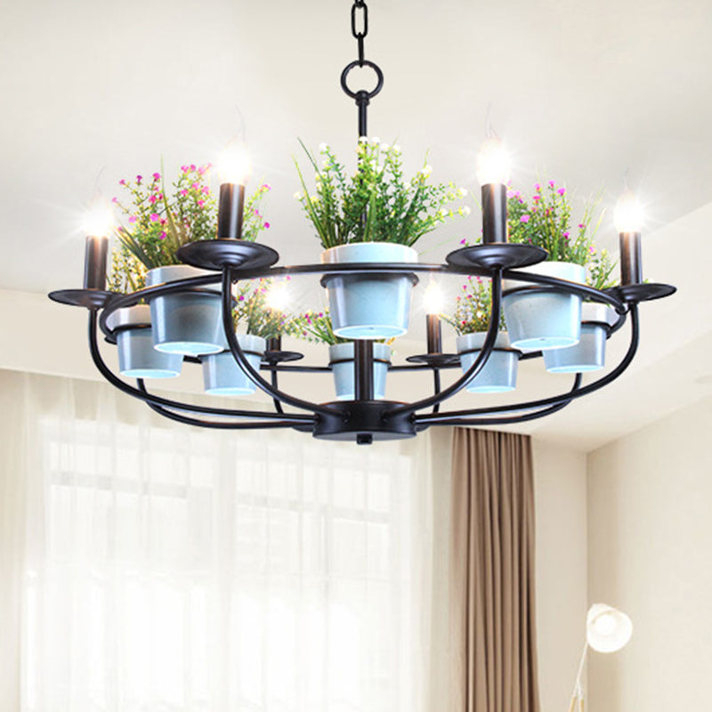 Vintage Metal Black Chandelier with Flowerpot Deco - 6/8 Light Candle Hanging Ceiling Fixture