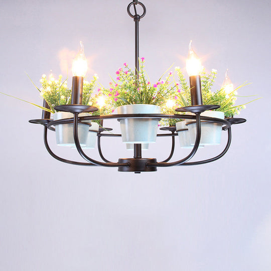 Vintage Metal Black Chandelier with Flowerpot Deco - 6/8 Light Candle Hanging Ceiling Fixture