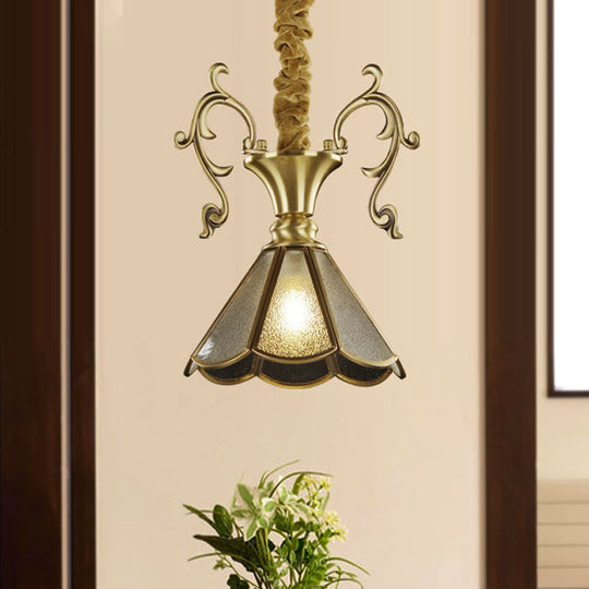 Colonial Seeded Glass Brass Pendant: 1-Light Scallop Ceiling Lamp For Dining Room